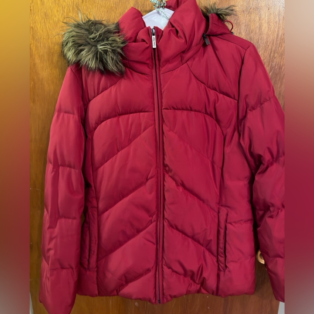 Calvin Klein Red Puffer Jacket with Faux Fur Hood
